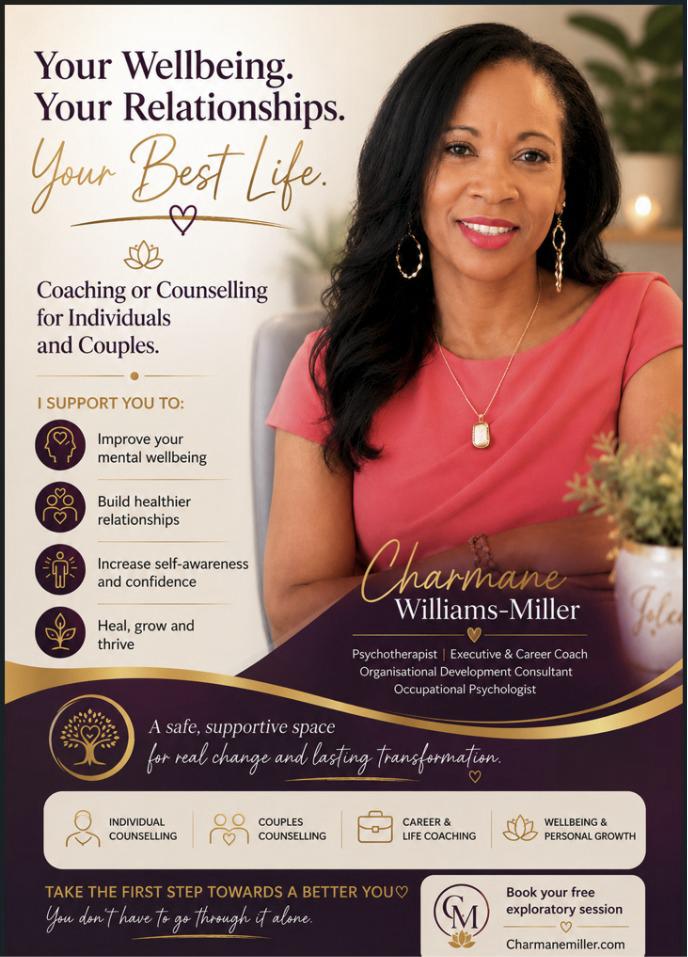 Full advertisement for Charmane Williams-Miller counselling, coaching, wellbeing and relationship support